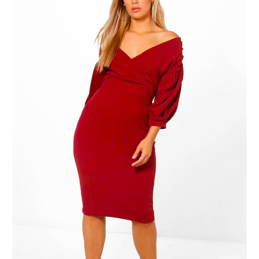 Boohoo Plus Off The Shoulder Wrap Midi Dress